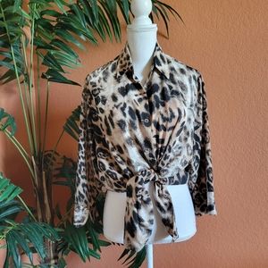 Caviar Button Down Blouse Animal Print Safari Leopard 1X Collar Black Tan
